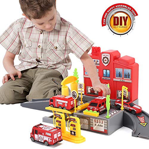 image for Liberty Imports Fire Station Parking Garage Toy Playset with 4 Rescue 