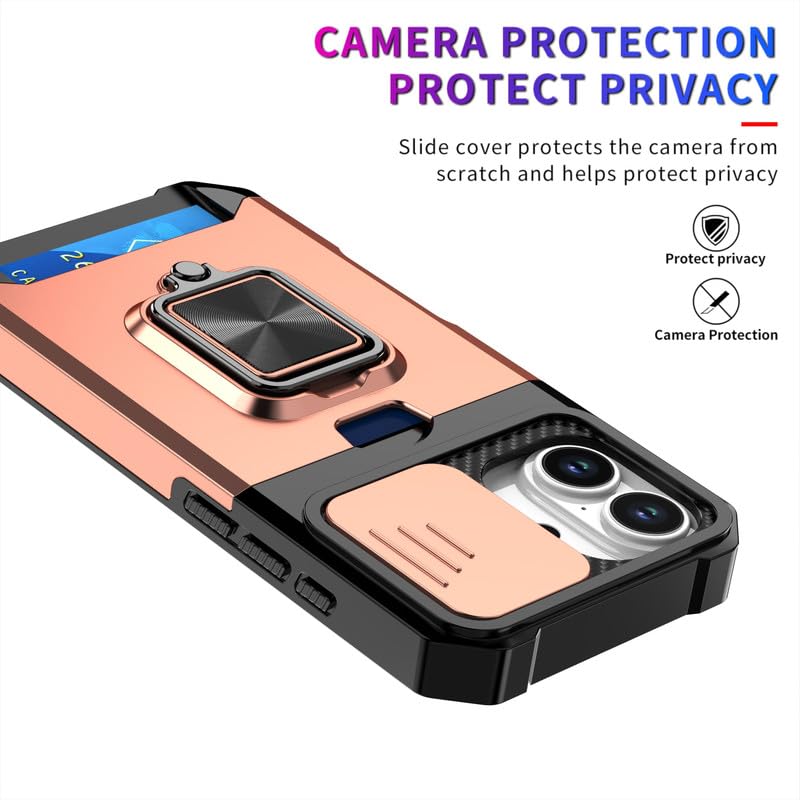 Image of LuxuryKase Shockproof Armor Case for iPhone 17 | Slide Camera Cover | Hidden Card Slot | Rotating Ring Kickstand | Magnetic Car Mount Support | Military Grade Protection - Rose Gold