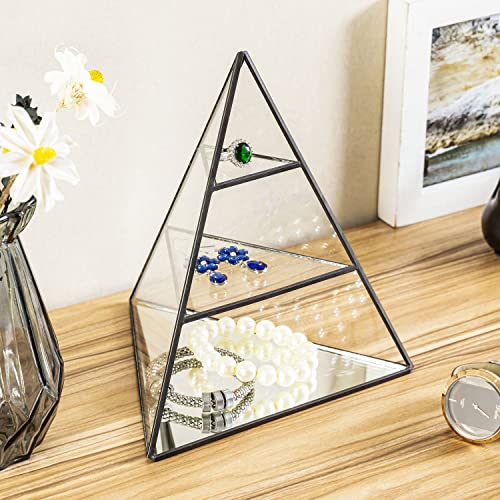 MyGift Glass Pyramid Small Jewelry Organizer Box with Black Metal Frame, 3 Tier Crystal Display Case