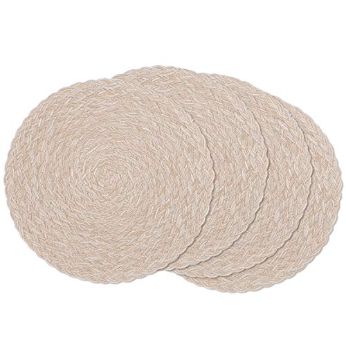 Image of SHACOS Round Braided Placemats 15 inch Set of 4 Boho Woven Washable Kitchen Table Placemats for Home Wedding Party (T-Beige, 4)