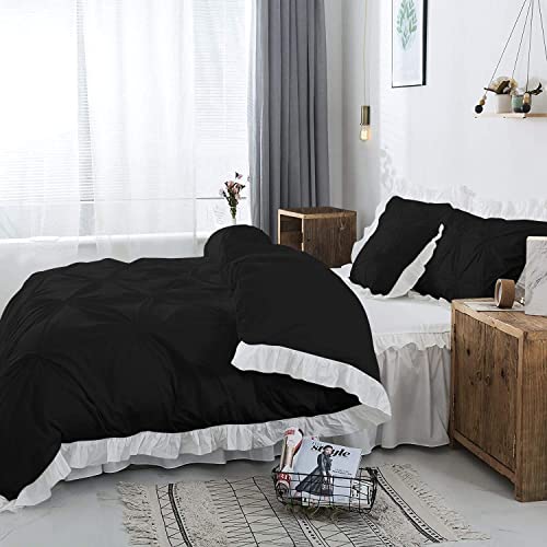 Image of 300 TC Pinch Ruffle 2 Tone Duvet /Razai /Blanket Cover with 2 Pillow Cover- 100% Cotton (Zipper Closure) Razai Cover 3 PC Set, Soft & Lightweight-Single Size White /Black