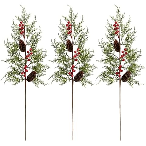 3 Pcs Artificial Cedar Picks, 70cm/27.5Inch Large Size Christmas Faux Cedar Spray Branches with Berries Pine Cone Artificial Pine Needles Branches for DIY Vase Fillers Holiday Winter Decor (3, Green) Cover