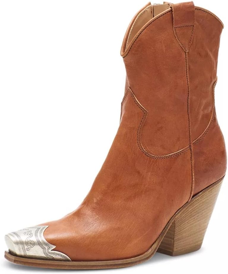 keleimusi Women's Western Cowgirl Ankle Boots Stacked Block Heel Cowboy Booties Steel Toe Heeled Short Cowboy Boots Side Zipper Western Booties - Image 3