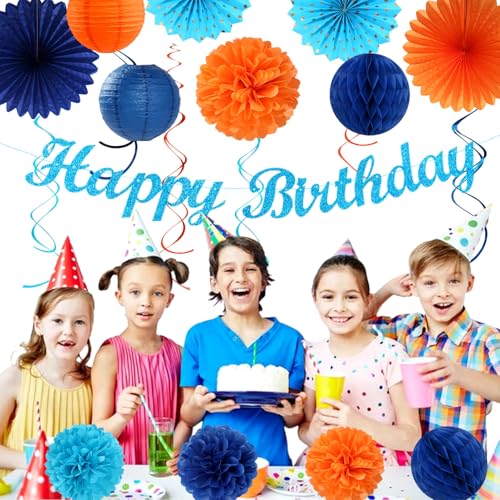 Image of Orange Blue Men Birthday Decorations - 21pcs Happy Banner Garland,Bluey Paper Streamers Lanterns,Flower Tissue Pom Poms Fan Supplies,Hanging Wall Backdrop Party Decor Huglony