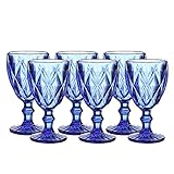 Colored Glass Drinkware 9.5 Ounce Water Glasses Cobalt Blue Diamond Pattern Set of 6