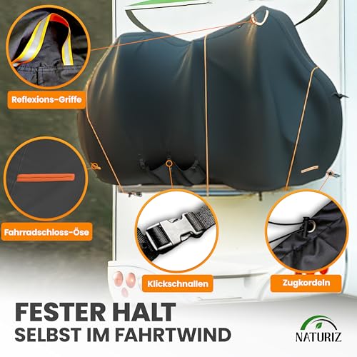 NATURIZ® Fahrradabdeckung Heckträger wasserdicht & reißfest - Fahrradschutzhülle mit 6m Spannseil - Fahrradplane für 2 Fahrräder - Ebike Transportschutz Set, Fahrradhülle, Bike Cover (2 Fahrräder)