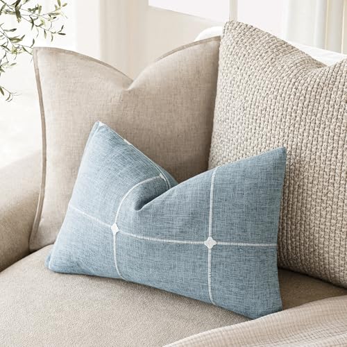 Image of Foindtower Pack of 2 Decorative Faux Linen Jacquard Check Throw Pillow Covers Farmhouse Lumbar Cushion Cover with Grid Textured Accent Pillowcase for Couch Living Room Home Decor,12x20 Inch,Light Blue
