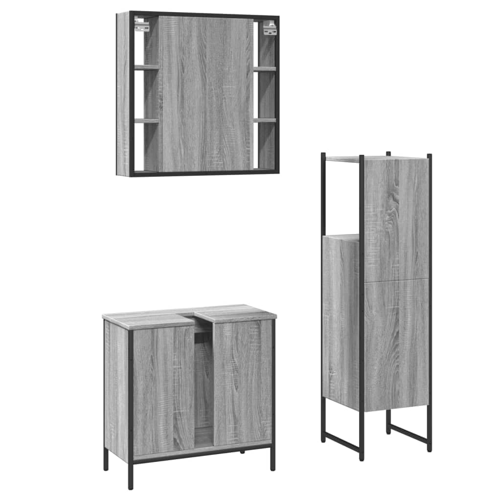 SYDE Set Mueble Baño 3 Piezas Gris Sonoma | Armario con Espejo, Estante Inferior, Acero Resistente, Patas Ajustables