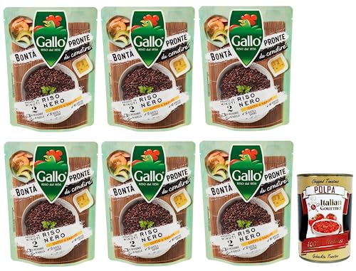 6x Riso Gallo Bontà Pronte Riso Nero,Vorgekochte Zubereitung auf Basis von Schwarzem Braunem Reis,250g + Italian Gourmet Polpa di Pomodoro 400g Dose