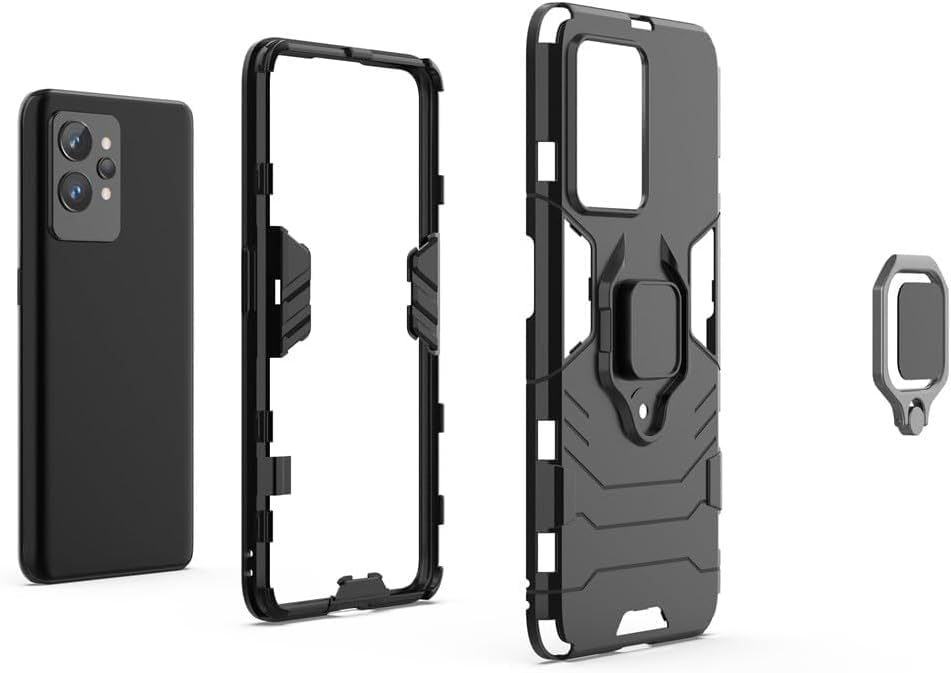 Image of Robot Shockproof Soft TPU and Hard PC Back Cover with Ring Case for Realme GT 2 Pro 5G - Black