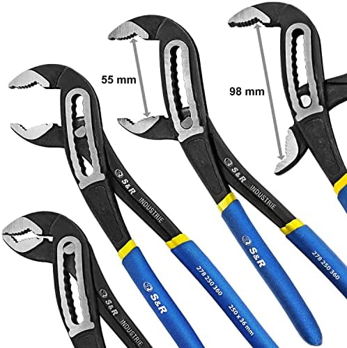 S&R Szczypce do pomp wodnych, klucz do rur 250 x 36 mm, stal fosforyzowana CR-V, szerokość otworu 55 mm, podwójne powlekane bezpieczne uchwyty