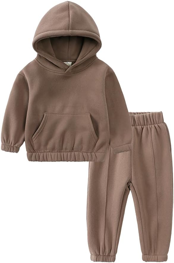 Kids Tales 2Pcs Kids Fleece Jogger Outfits Boys Girls Thick Sweatsuit Hooded Pullover + Sweatpants Solid Athletic Tracksuit
