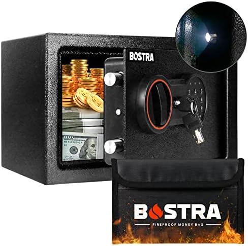 Bostra Fireproof Safe Box with Sensor Light & Fireproof Bag, Money Safe Box with Digital Keypad,Security Safe Box for Home, 0.5 Cubic Small Safe with Keys & Pass Code for Cash Jewelry Documents