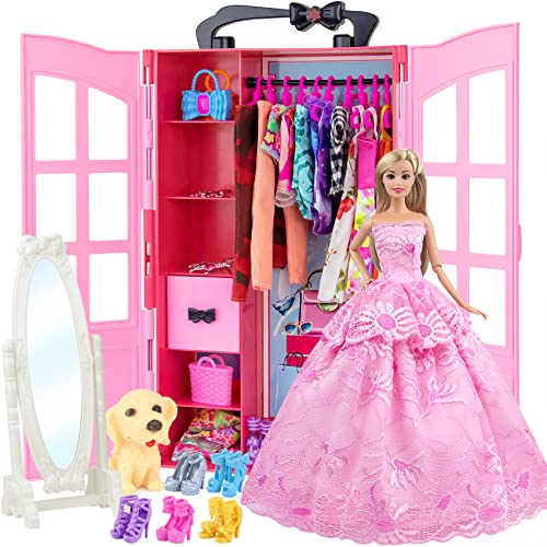 Ecore Fun 120 Pcs Fashion Doll Closet Wardrobe for Doll Clothes and Accessories Storage Include Clothes, Dresses, Shoes, Bags, Necklace, Hangers for 11.5 Inch Girl Doll Clothes
