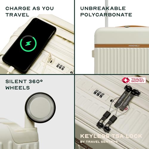 Image of Assembly Cabin Suitcase with External Laptop Pocket up to 15.6'' & 8 Spinner Wheels, Premium Polycarbonate Hard Shell Carry On Luggage for Adventure Travel, White, 20-Inch