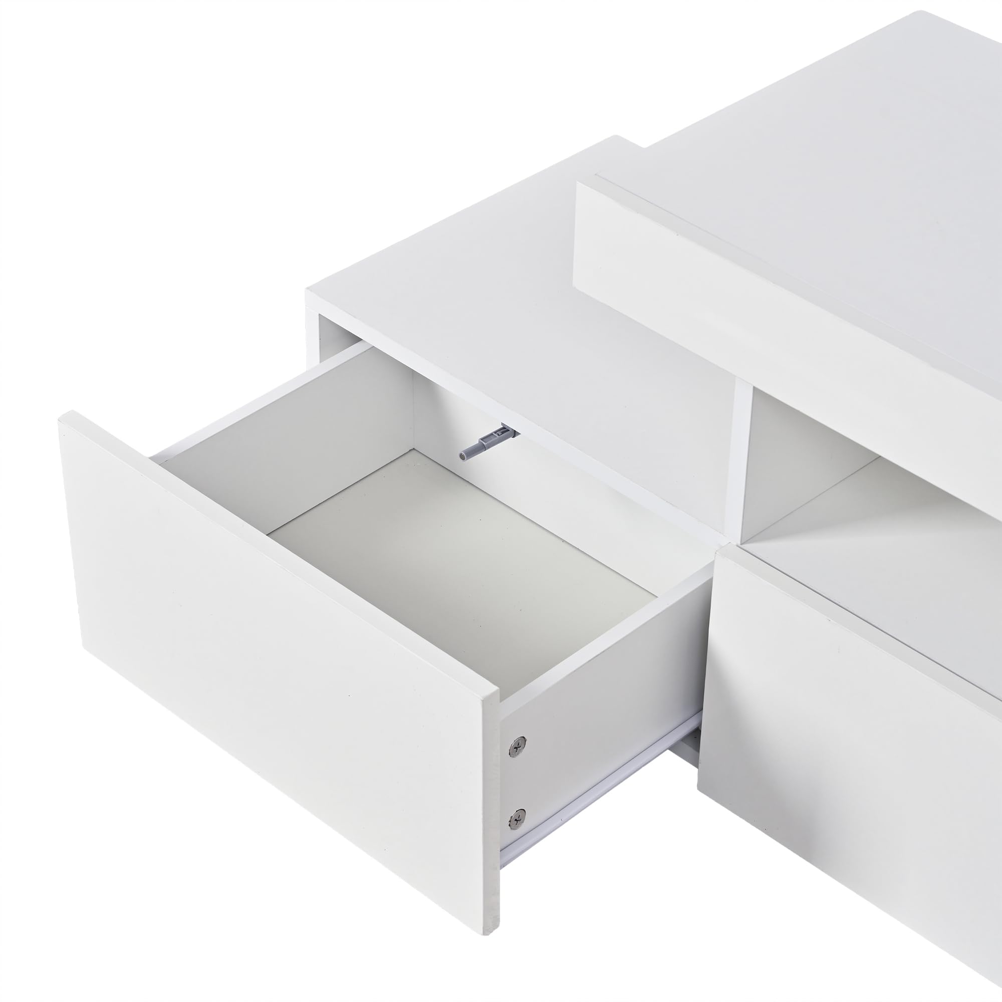 Meuble TV Blanc Laqué 180 cm avec LED et 3 Tiroirs - Console Multimédia Moderne avec Rangement, pour Téléviseur jusqu'à 75 Pouces, Salon et Chambre