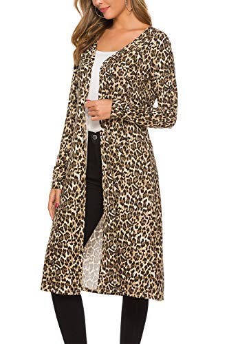 Bluetime Women Long Sleeves Open    Front Leopard Prints Cardigan Lightweight Maxi Cardigan (S, Floral1)