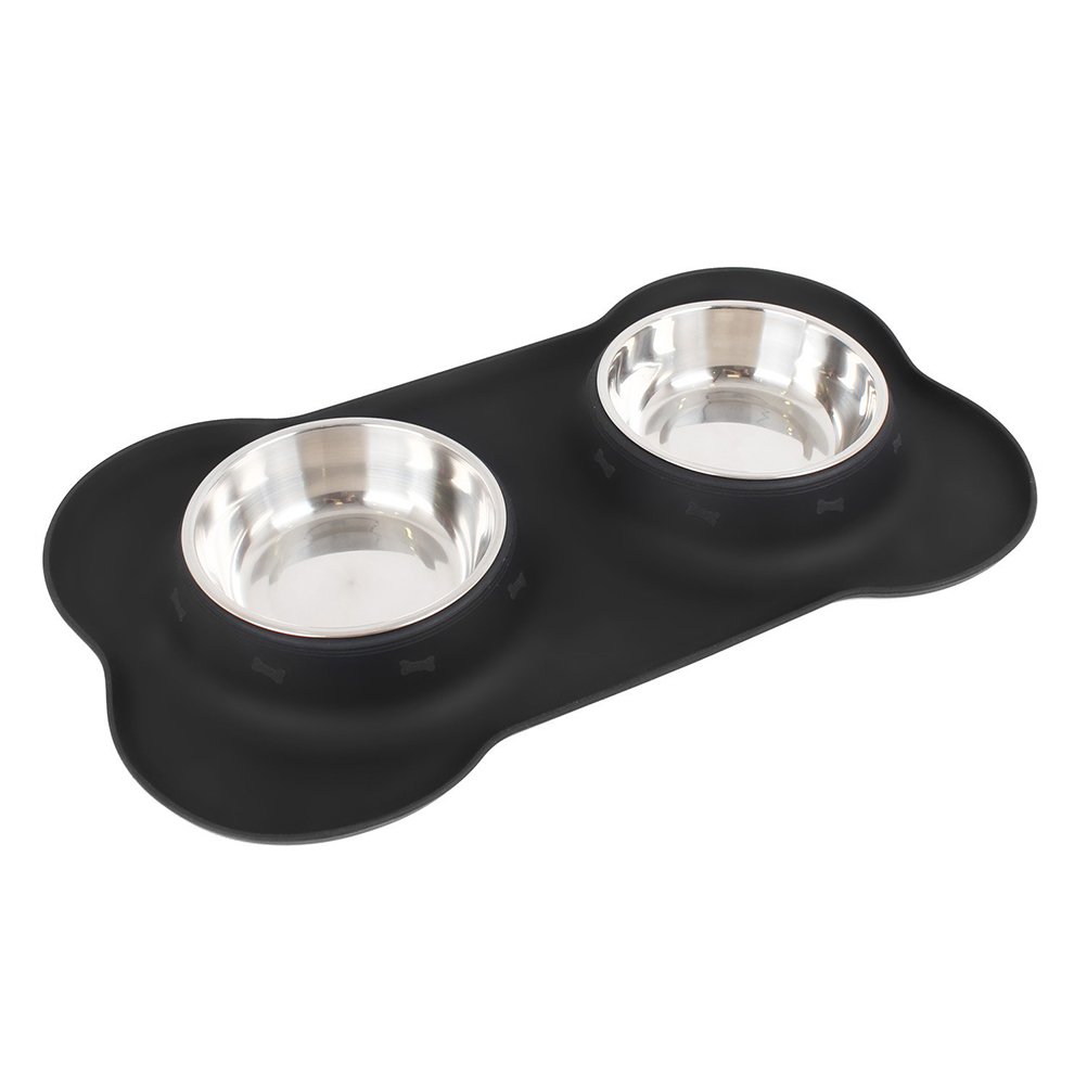 Stainless Steel Double Bowl Set in Bone Shape Silicone Stand for Dog or Cat (Black) Bowl