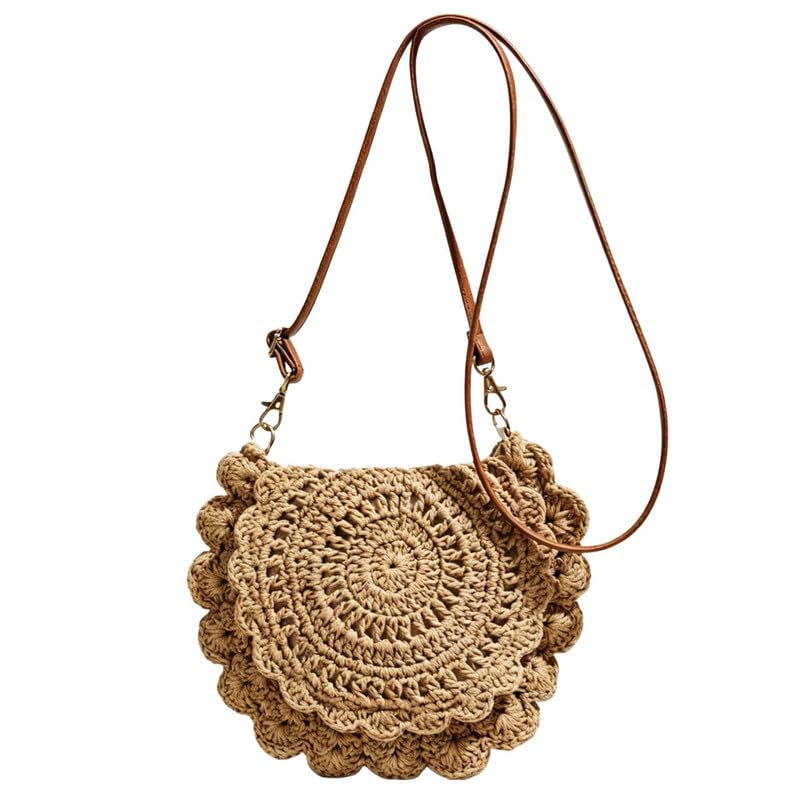Bolso redondo ganchillo algodón bandolera mujer, cartera hombro de encaje para playa verano