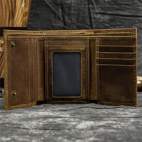 Trifold Wallets for Men,Men's Tri-fold Vintage Biker Cowhide Top Grain Leather Steel Chain Wallet,Snap Closure (Light Brown)4