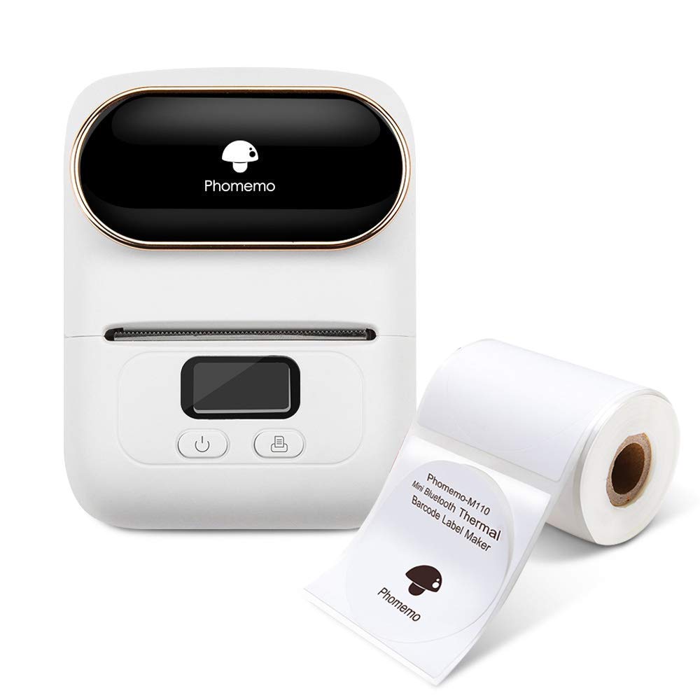 Phomemo-M110 Thermal Label Maker with One 50×50mm Label, Wireless Bluetooth Label Printer for Labeling, Shipping, Office, Cable, Retail, Barcode, Compatible for Android & iOS System, White
