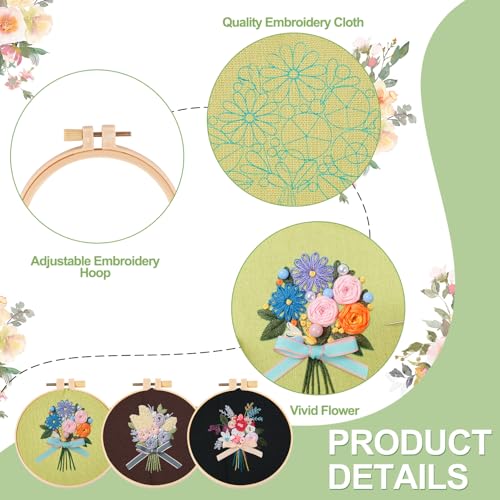Image of Magibeads 3 Sets Bouquet Flowers Embroidery Kit Floral Embroidery Patterns Water Soluble Easy Cross Stitch Starter Kit Stick and Stitch Hobbies for Beginners Adults Sewing Gifts
