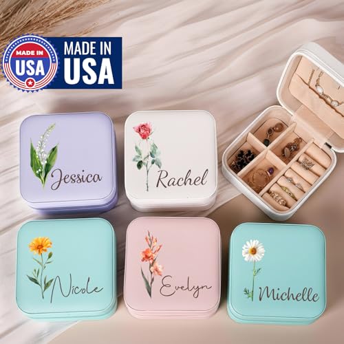 Yofair Ships Next Day, Personalized Jewelry Box with Birth Flower Bridesmaid Gifts Custom Leather Travel Jewelry Case Ring Box Christmas Birthday Gifts for Women — view 2