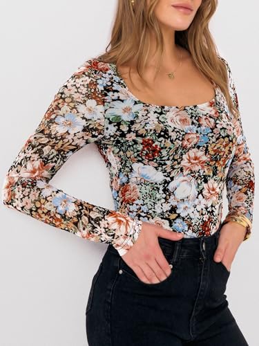 Prinbara Womens Mesh Long Sleeve Tops Square Neck Floral Shirts Going Out Slim Fit Basic T Shirts 2025 Fall Outfits3