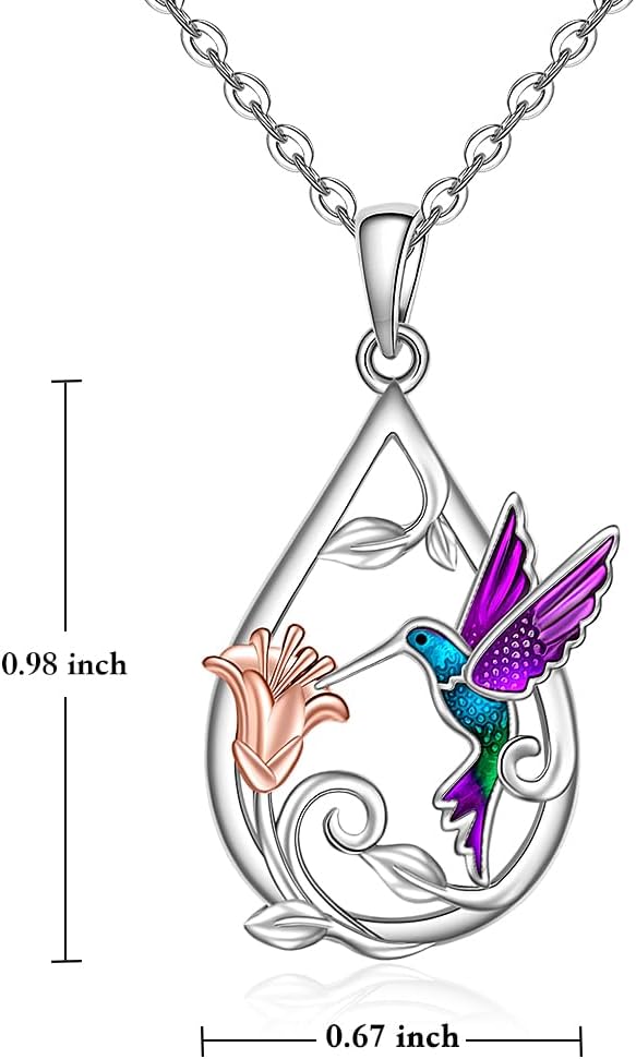 Fenthring Hummingbird Necklace for Women Sterling Silver Blue Purple Hummingbird Pendant Necklace Hummingbirds Flower Jewelry Charm Memorial Christmas Mothers Day Gifts - Image 5