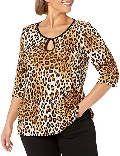 Star Vixen Women's Plus-Size Elbow Sleeve Keyhole Tunic with Piping, Brown Leopard, 1X