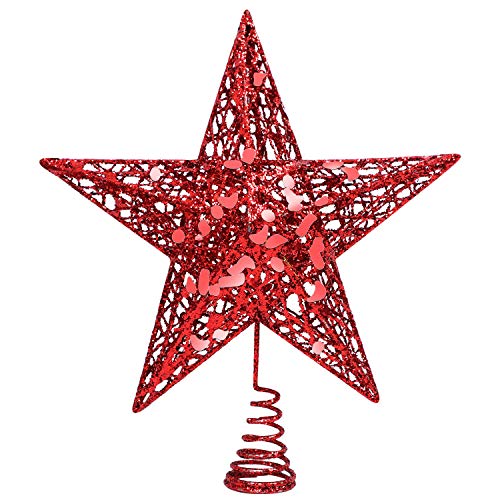 URATOT Glittered Christmas Tree Topper Metal Christmas Treetop Hallow Wire Star Topper for Christmas Home Decoration (8 inches, Red)