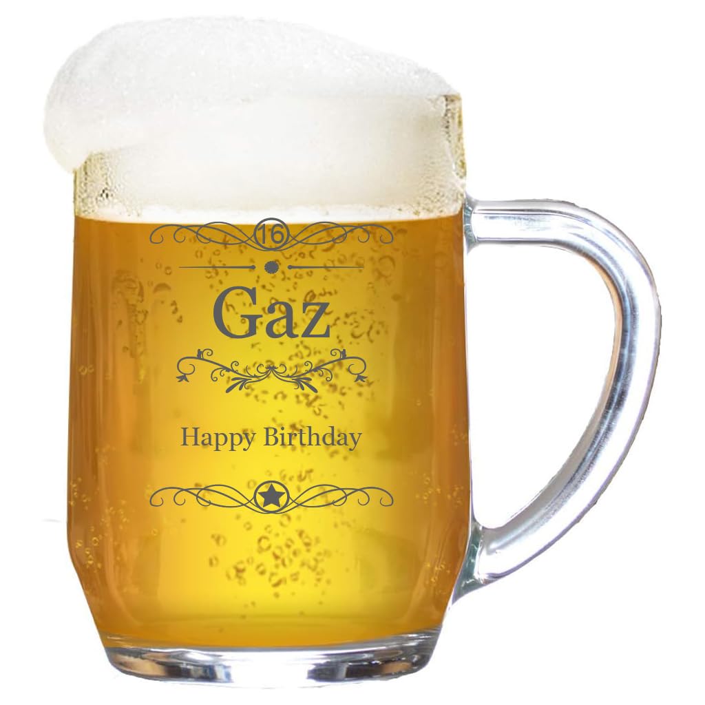 Personalised Tankard Glass Stein for Men Engraved/1 Pint Beer/Tanker/Handle/Vintage Ornate/Gift Box/590 ml