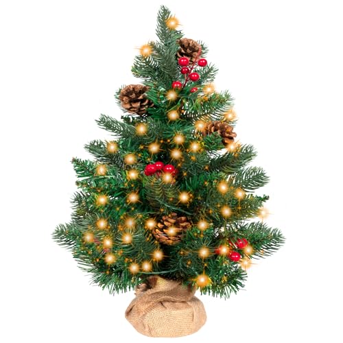 50cm Mini künstlicher Weihnachtsbaum mit 36 LEDs in Warmweiß, Mini Tischplatte Tannenbaum, Schwer Entflammbar Tisch Christbaum klein für Weihnachtsdeko, Grün