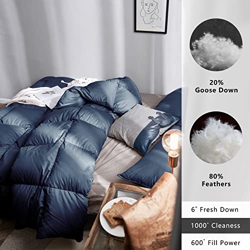 Zzfocus King Size Duck Feather Down Comforter, All Season Winter Luxury Down & Feather, Duvet Insert, Medium Warmth, Cotton Blended Fabric, 600 Fill Power, 54Oz Fill Weight, Navy Blue, King 106X90'' #TOP5