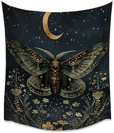 Lunar Moth Tapestry &ndash; Crescent Moon Celestial Moth with Gold Bota...