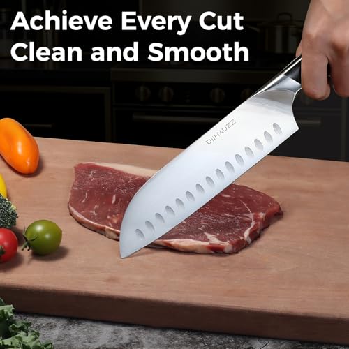 DiiHAUZZ Santokumesser, 18 cm scharfes Messer aus Edelstahl X50CrMoV15, Hochwertiges Küchenmesser mit Ergonomischem Pakkaholzgriff, Profi Kochmesser für Fleisch & Gemüse, Japanisches Chefmesser