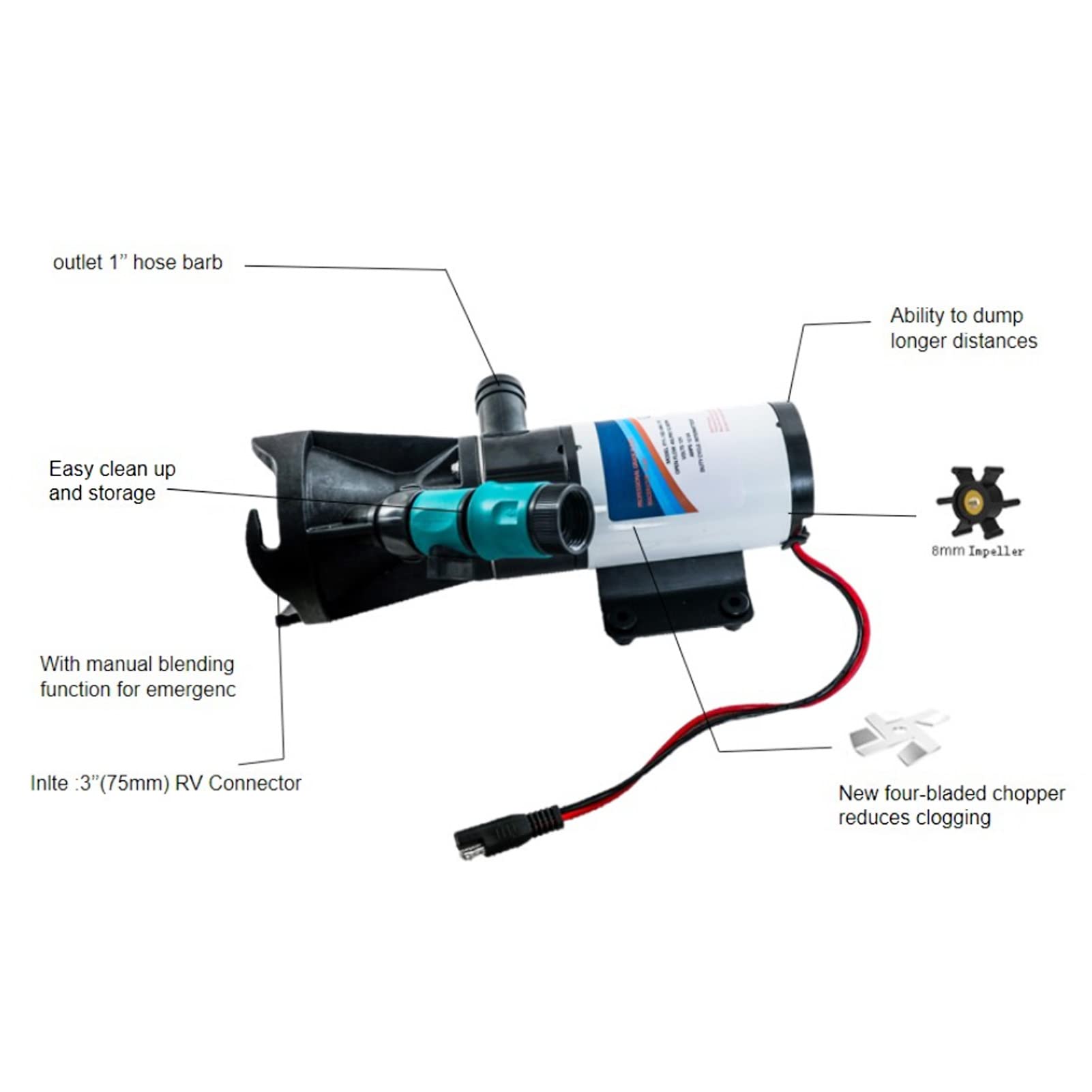 RV Waste Pump 12V Strong 4 Blades High Safety Easy Control for RV Kitchen Toilet