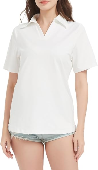 Womens Short Sleeve V-Neck Polo Shirt - Soft Breathable Casual Comfort Tops for Golf, Work, Office, and Everyday Wear