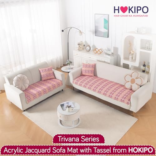 Image of HOKIPO 300 GSM Cotton Acrylic Jacquard Sofa Cover Mat for 5 Seater (3+2) with Tassel, 'Trivana Series' Cherry Red (IN-936+934-J8)