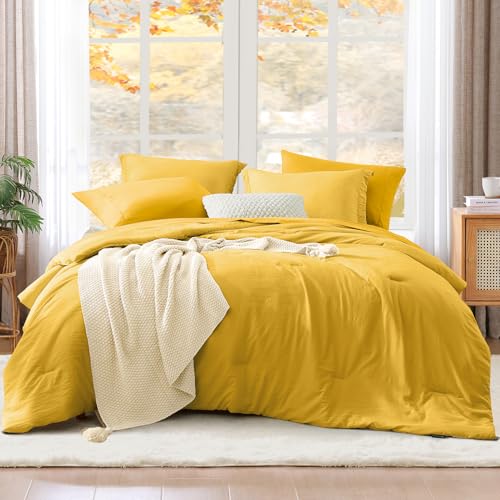 Image of Queen Comforter Set-7 Pieces Soft Prewashed Bed in a Bag Queen Bedding Sets | All Season Comforter with Sheets, Pillow Shams & Pillowcases,Yellow