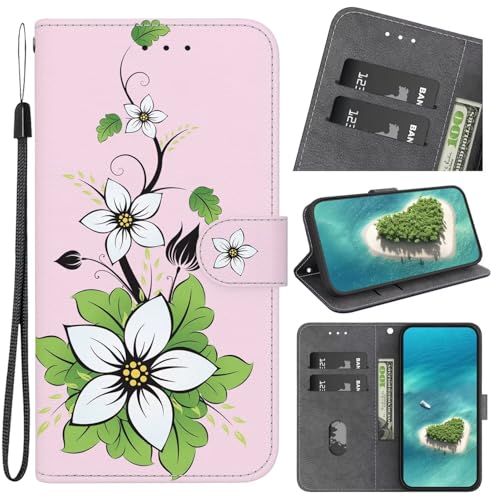 FERLAN Handyhülle Kompatibel mit Moto E6 Hülle,Klapphülle Hülle Leder Handytasche Klappbar Tasche Bunt Muster Motiv Kartenfach Handy Hülle Schutzhülle,Lily