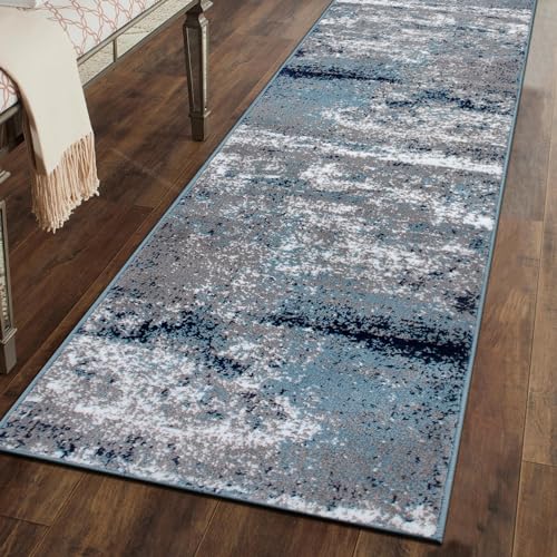 Rugshop Modern Distressed Blue Abstract Runner Rug Bohemian Inspired Watercolor