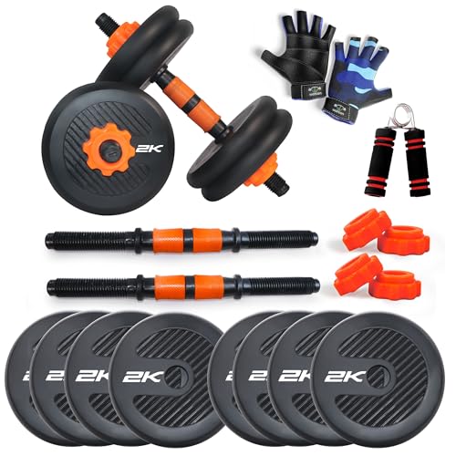 Image of WATSON Premium Rubber Dumbbell Set For Men & Women Fitness, Dumbbell Set With 16Kg (2Kgx8) Rubber Weight Plates, Hard PVC 14 inch Dumbbell Rods, Foam Gripper & Gym Gloves