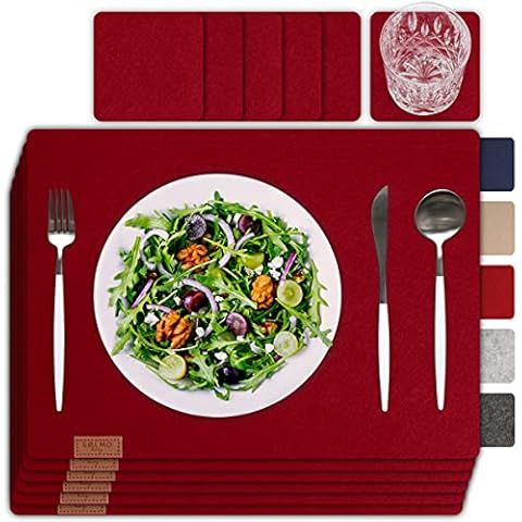 sølmo I 12er Premium Platzsets aus Filz Tischset Platzset 42x32 cm abwaschbar Filzuntersetzer Platzdeckchen Untersetzer Teller Platzset + Glas Untersetzer Echtholz Tisch geeignet Rot, Wine Red Cover
