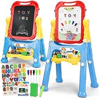 STEAM Life Large Art Easel for Kids, Double-Sided 4In1 Toddler Easel with Rotable Magnetic Chalkboard & White Drawing Board, Height Adjustable with Magnetic Letters & Numbers Gifts for Boys and Girls