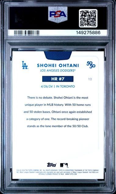 Graded Psa Mint 9 Shohei Ohtani #12 Baseball Card 50/50 Home Run And Stolen Bases Club Dodgers 4 time Mvp Superstar. Celebrate Home Run #7 During His Record Setting Season