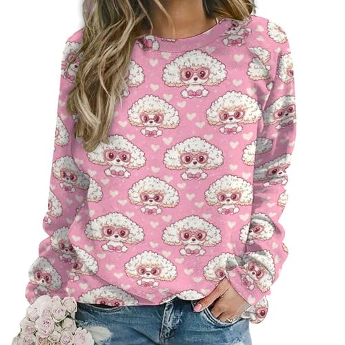 TZTTZT Sudadera con estampado de caniche de dibujos animados para mujer, cuello redondo, para otoño e invierno, a la moda, tops de manga larga 2025, Varios colores, S