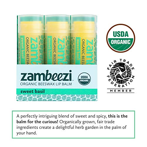 Zambeezi Organic, Fair Trade Beeswax Lip Balm - Sweet Basil 3 Pack - Ethically Sourced #TOP2