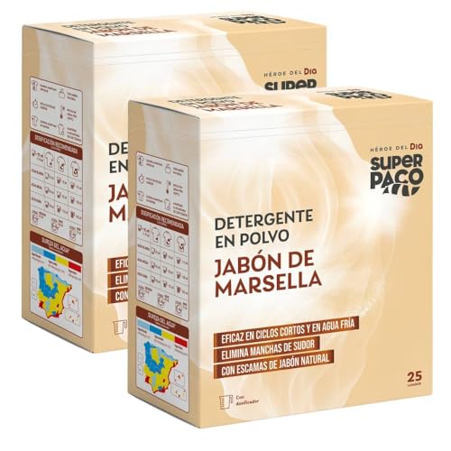 Super Paco Detergente en Polvo Jabón de Marsella, 50 Lavados, Pack de 2 Unidades, 1,625 kg cada una
