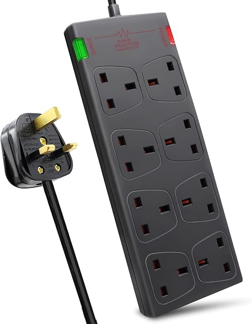 EXTRASTAR 8 Way Extension Leads with Surge Protection, 13A 3120W Approved British UK Wall Mounted Power Strips with 3 Metre Extension Cord for Home, Office - Black